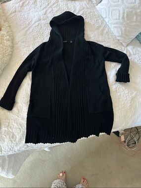 Cyrus Black Hooded Open-Front Ribbed Trim Cardigan Size S